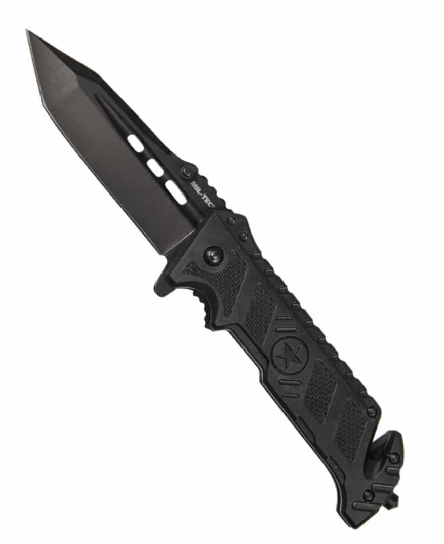 Mil-Tec outdoor-kniv med svart tantoblock och glasknus i ABS-skaft
