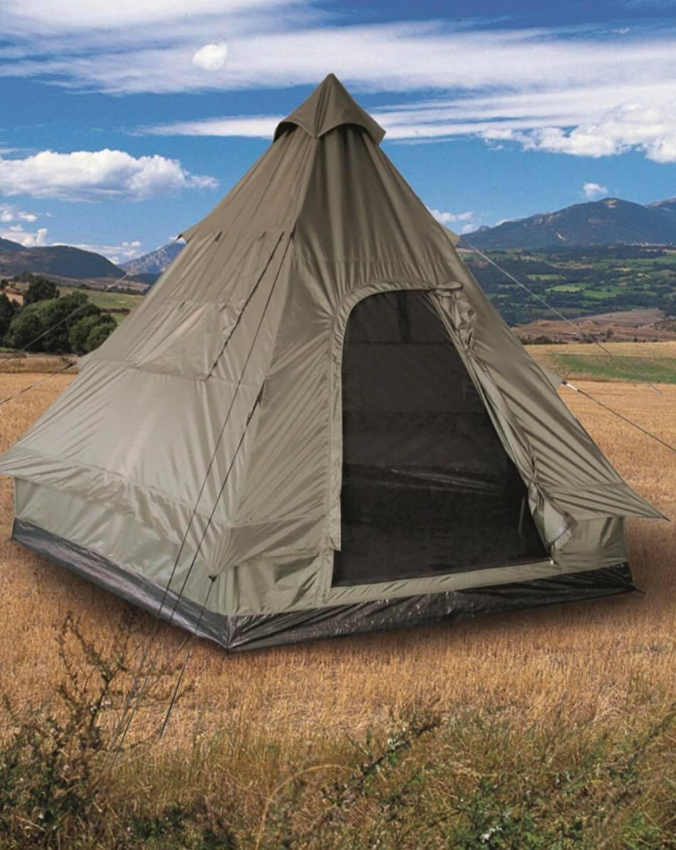 Mil-Tec tipi tält i beige och grönt för fyra personer