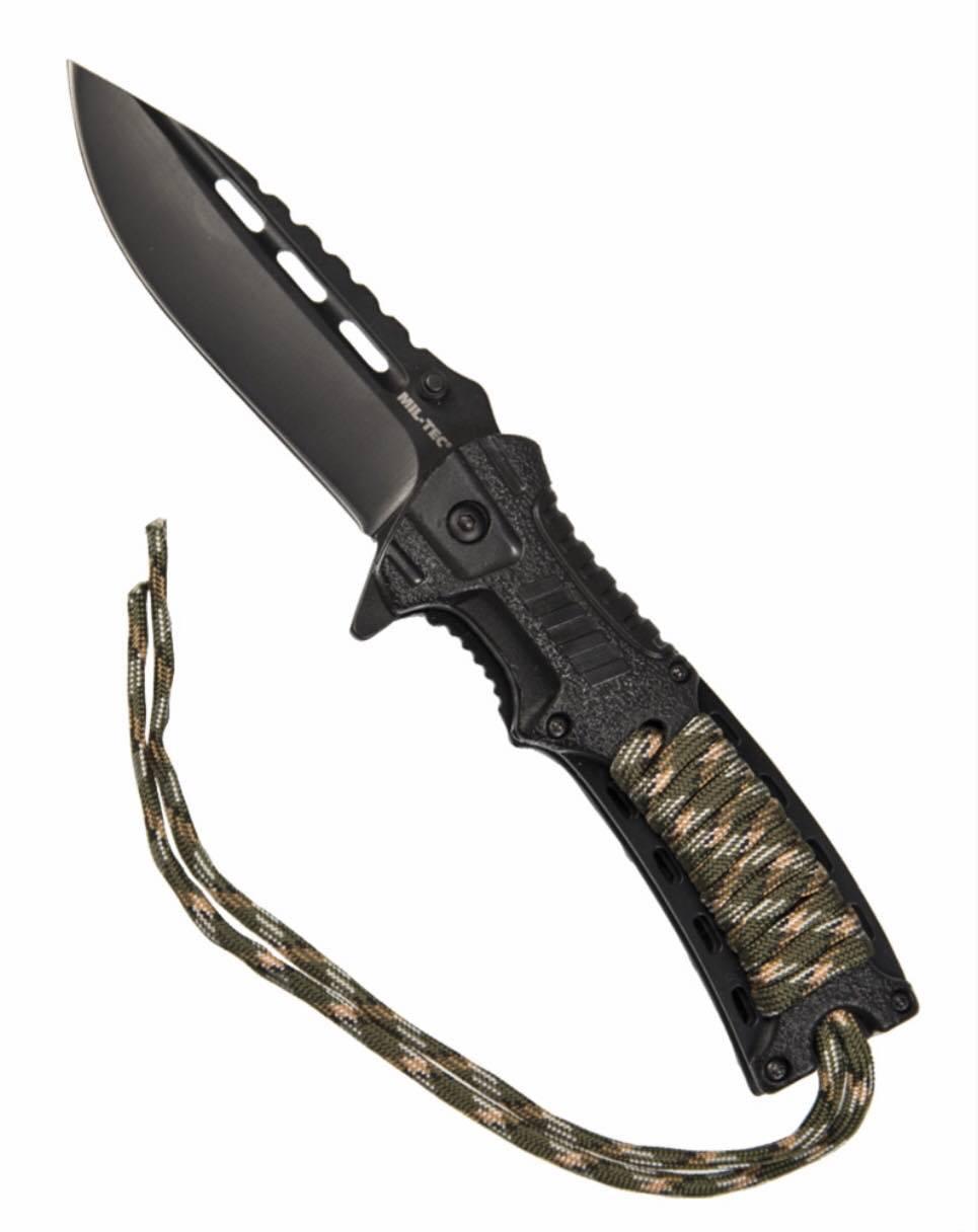 Mil-Tec outdoor-kniv med integrerad brandstarter och paracord på parerstången