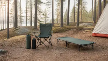 Hopfällbar campingstol och låg fältsäng med sina packpåsar på en svensk skogscamping