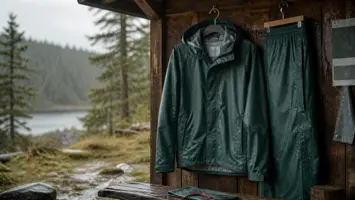 Regnjacka och regnbyxor med vattenpärlor, tejpade sömmar och stormslå vid ett skogsskydd
