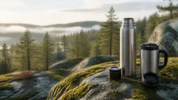 Termosflaska och isolerad mugg med öppna lock på en mossig klippa ovanför skogen