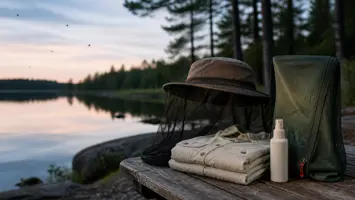 Mygghatt, långärmad tröja, oetiketterat myggmedel och tältväv vid en sjö i skymningen