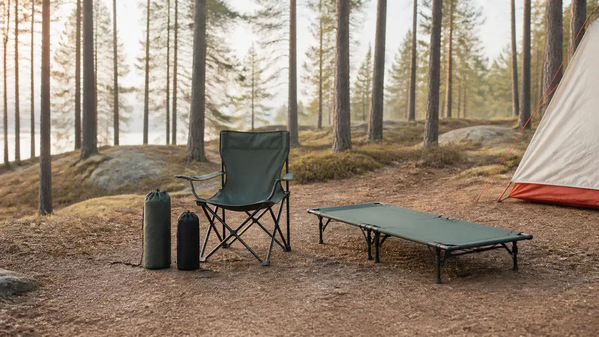 Hopfällbar campingstol och låg fältsäng med sina packpåsar på en svensk skogscamping