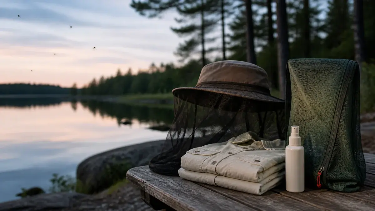 Mygghatt, långärmad tröja, oetiketterat myggmedel och tältväv vid en sjö i skymningen